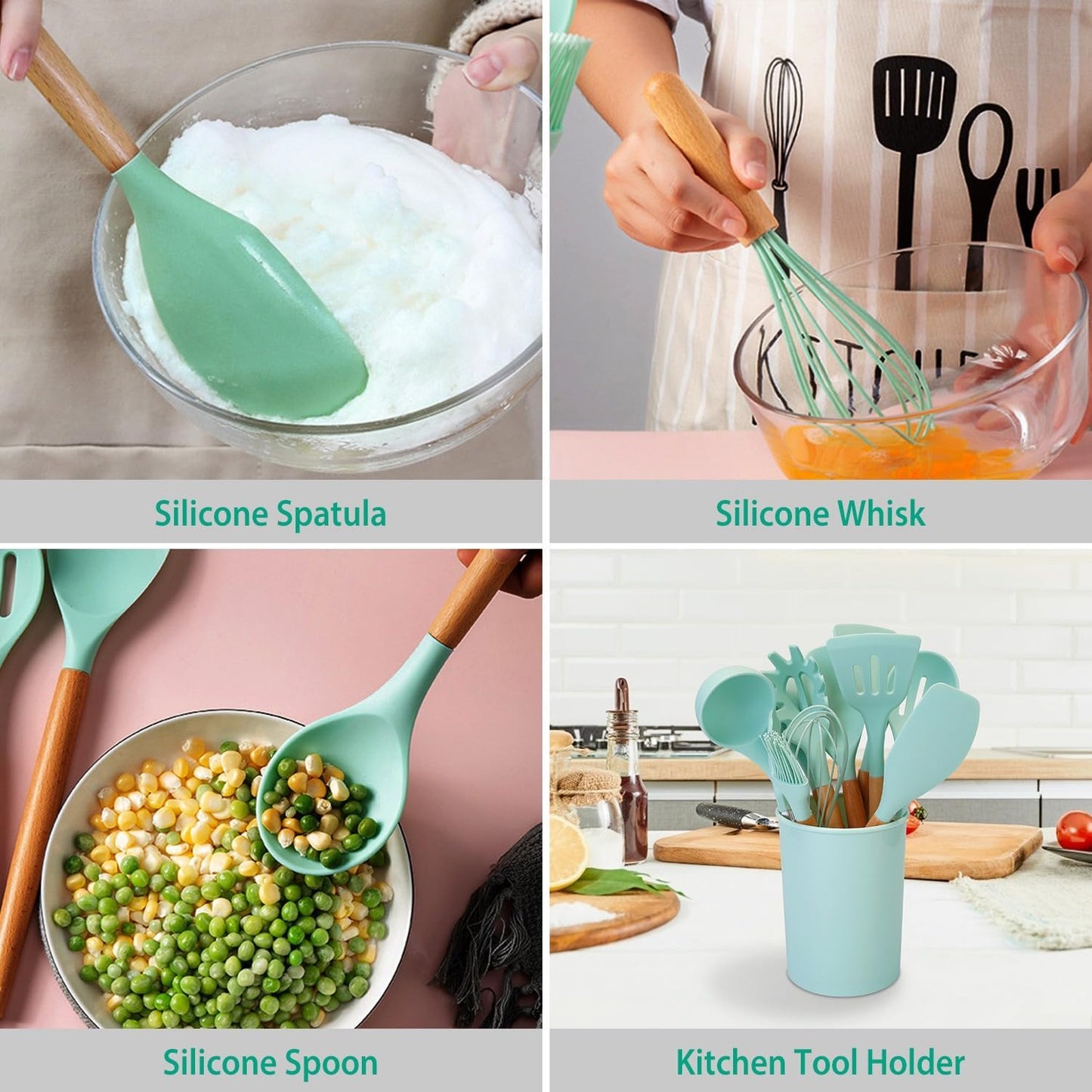 Silicone Kitchen Utensil Set, 11-Piece Non-Stick Safe Cooking Tools with Wooden Handles & Holder - Includes Spatula, Ladle, Tongs, Spoon, Whisk, Pasta Server - Heat Resistant up to 446°F