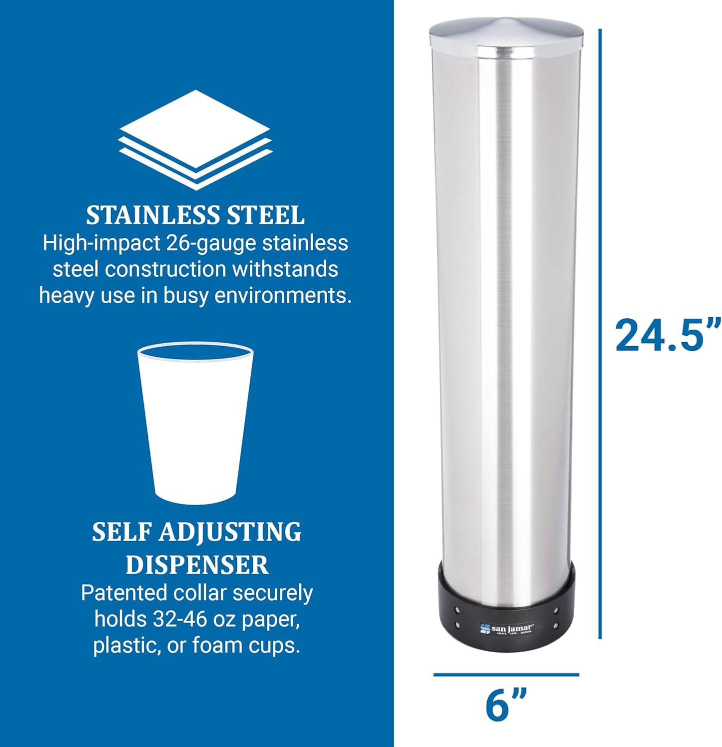 San Jamar Pull-Type Cup Dispenser 12-24 Oz. Cups for Restaurants, Home, and Office, Plastic, 23.5 Inches, Silver