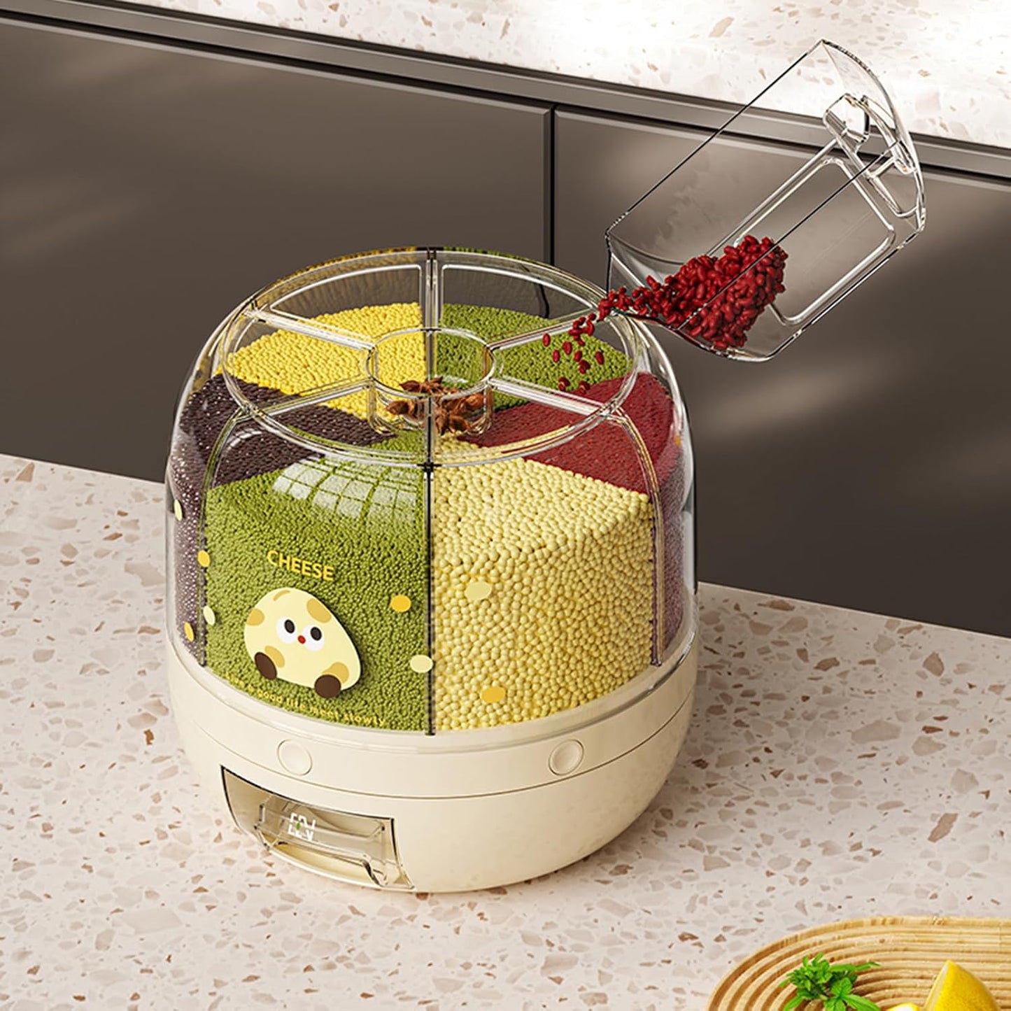 UFORU Rice Dispenser | 360° Rotating Grain Storage Bin - 6 Grids, 20LBS Large Capacity Food Container, Moisture-Proof, One-Click Output for Rice, Beans & Pet Food - Kitchen Pantry Organizer