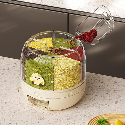 UFORU Rice Dispenser | 360° Rotating Grain Storage Bin - 6 Grids, 20LBS Large Capacity Food Container, Moisture-Proof, One-Click Output for Rice, Beans & Pet Food - Kitchen Pantry Organizer