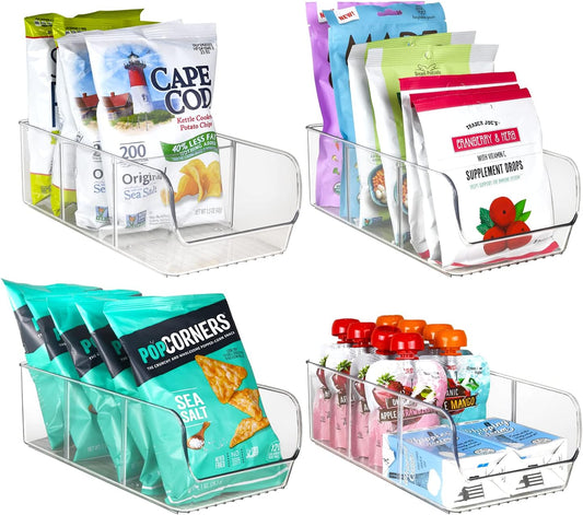 ELTOW 4-Pack Snack Organizer, 3-Compartment Plastic Bins with Removable Dividers, Chip & Food Storage for Pantry, Spices, Fridge, and Cabinet