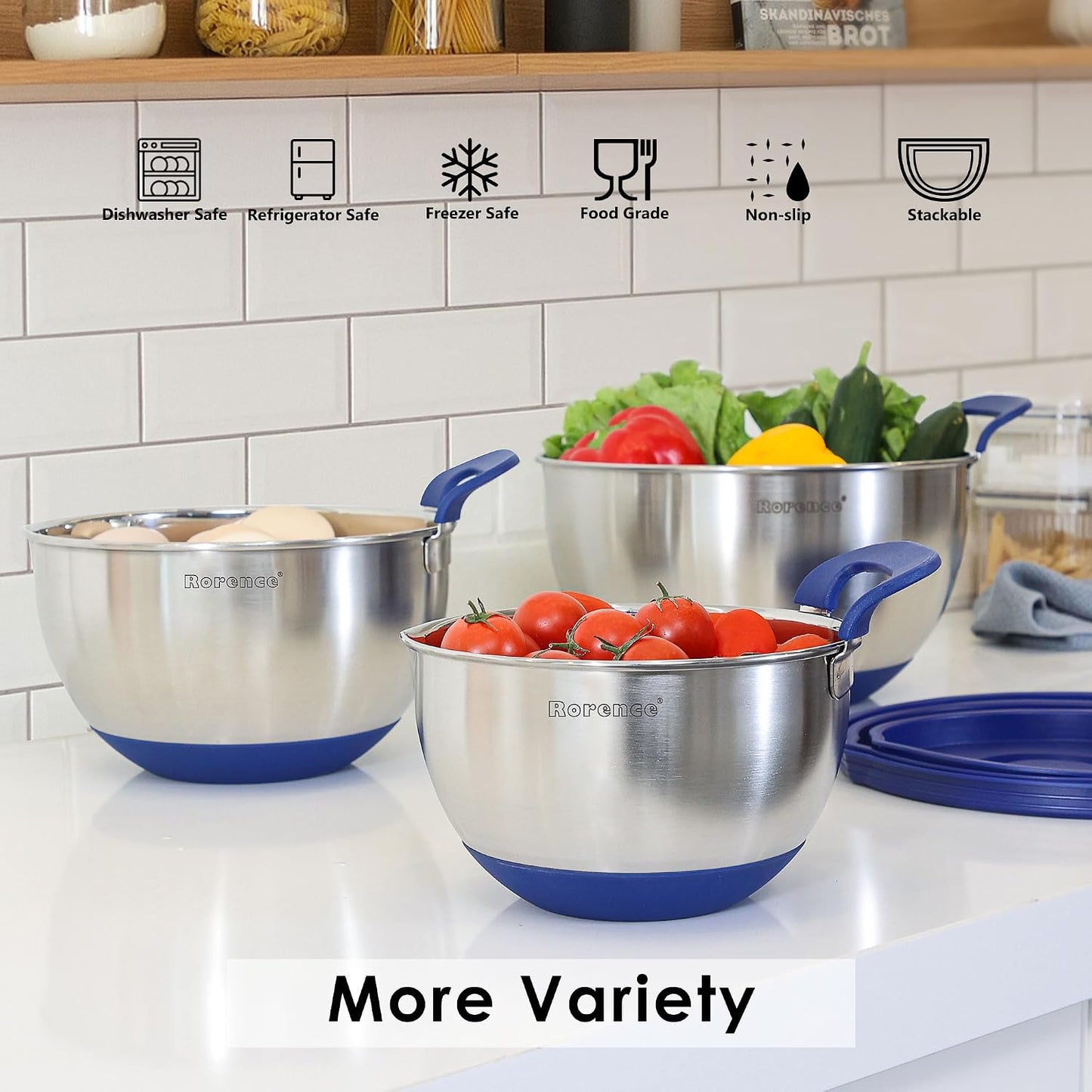 Rorence Stainless Steel Mixing Bowls: Stackable Mixing Bowl Set with Lids and Handles Non-slip Silicone Bottom Nesting Bowls for Kitchen Set of 3 - Black