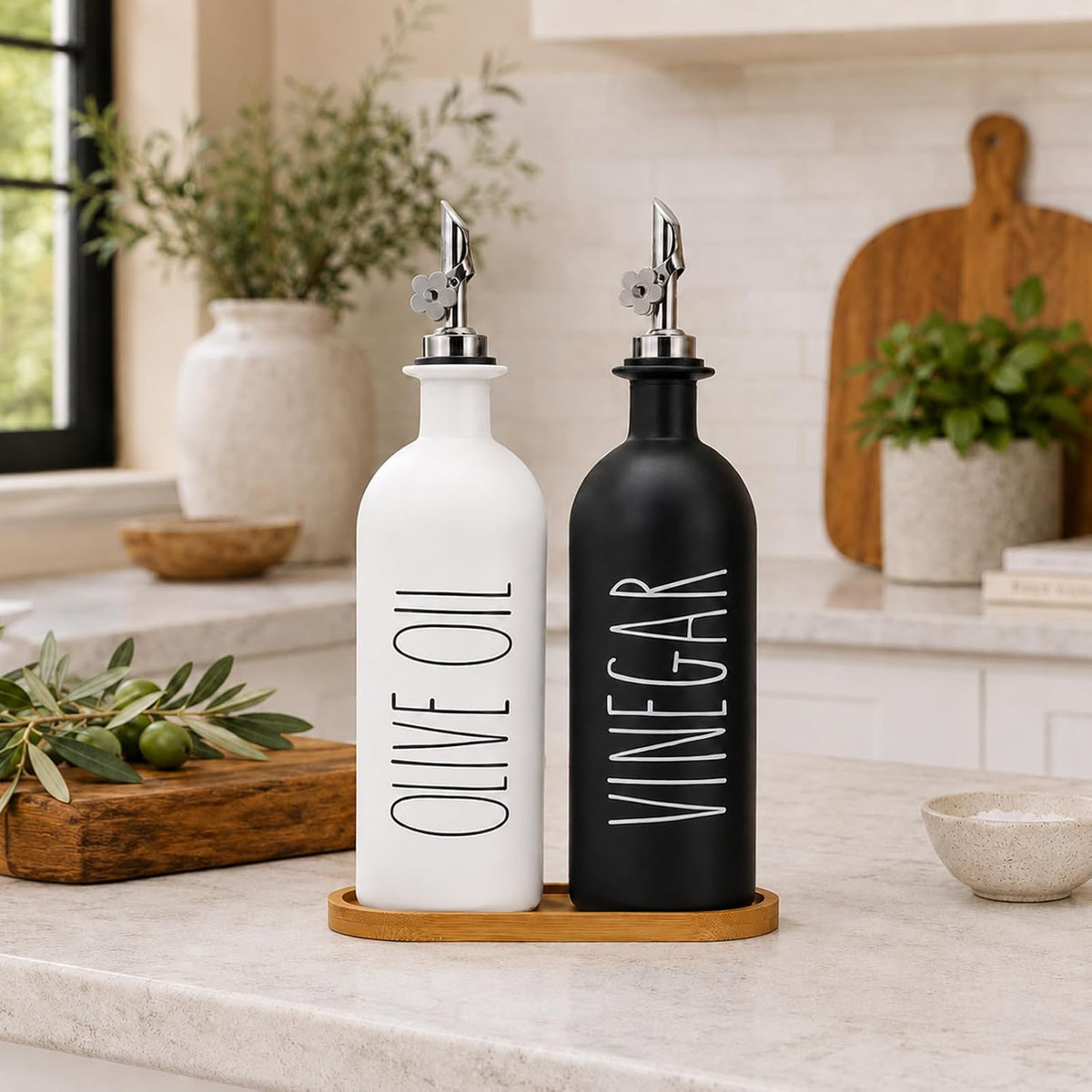 HOMCDALY Premium Olive Oil Dispenser for Kitchen, 11.8oz Glass Oil Bottles with Bamboo Tray, White Oil&Vinegar Cruet Set, Kitchen Dispenser Bottles with Pourer| Set of 2 (11.8oz –P–White)