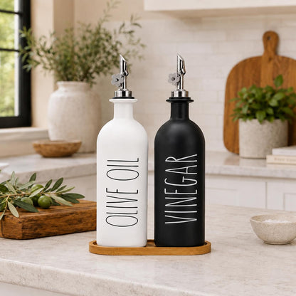 HOMCDALY Premium Olive Oil Dispenser for Kitchen, 11.8oz Glass Oil Bottles with Bamboo Tray, White Oil&Vinegar Cruet Set, Kitchen Dispenser Bottles with Pourer| Set of 2 (11.8oz –P–White)