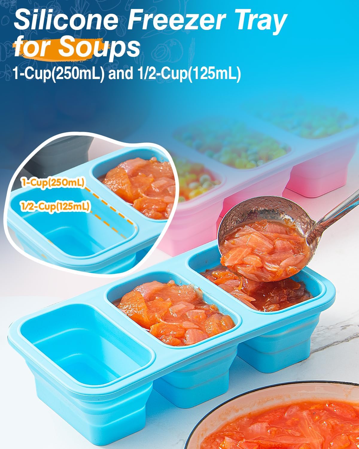 Silicone Freezer Trays With Lid, Stackable 1 Cup Silicone Freezer Molds, Easy To Use Soup Ice Cube Tray, Collapsible Freezing Molds for Meal Prep, Broth, Sauce, Leftovers, Soup Storage Gift Set