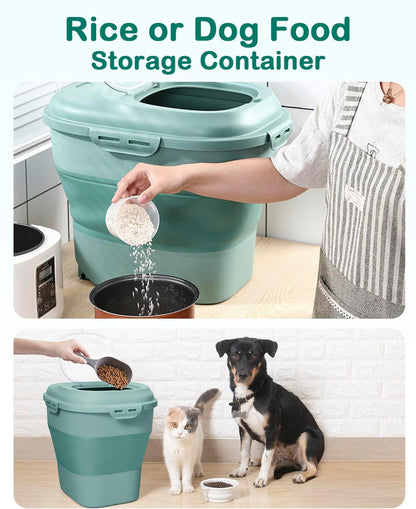 20-30 Lbs Rice Storage Container,Collapsible Food Storage Containers with Rolling Wheel Airtight Locking Lid,Flour Storage Container with Cup and Scoop,Suitable for Food,Rice,Pet Food,Flour