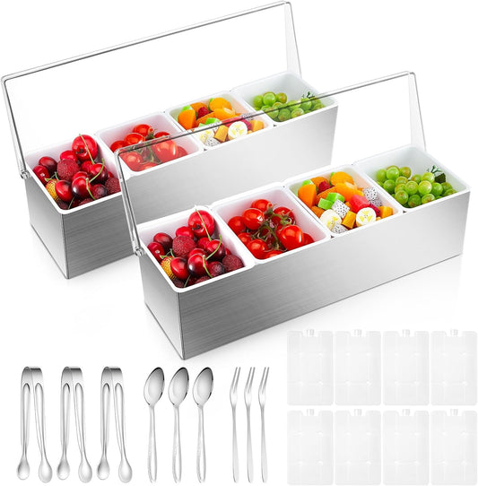 Mifoci 1 Pack Stainless Steel Chilled Condiment Server 6 Removable Slot Toppings Containers with Lid and Bottom Ice Bar Garnish Tray with 9 Silverwares 4 Ice Boxes for Christmas Party, Events and Bar