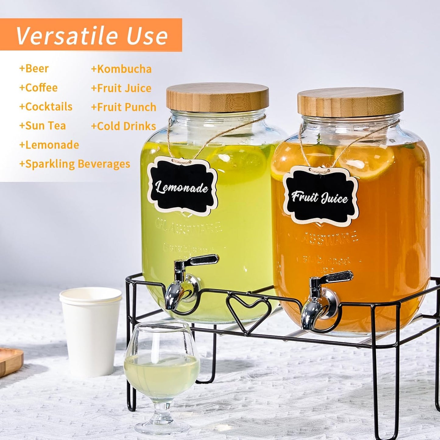 2 Pack1Gallon Glass Drink Dispenser with Stand&Bamboo Lids&Fruit Infuser,304 Stainless Steel Leak-Proof Spigot,Beverage Dispenser for Parties,Water Sangria Juice Sun Tea Lemonade(Natural)