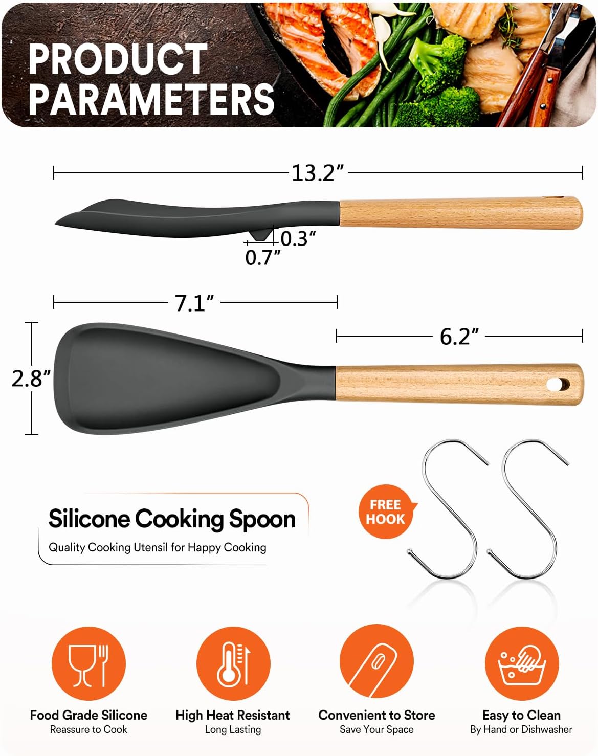 Cooking Spoon for Nonstick Cookwares, Great for Cooking and Serving Sturdy BPA-Free Matte Silicone, Wood Handle Spoon for Mixing, Scoop, and Scrape (Black & Grey, 11.4 inch)