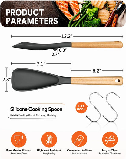 Cooking Spoon for Nonstick Cookwares, Great for Cooking and Serving Sturdy BPA-Free Matte Silicone, Wood Handle Spoon for Mixing, Scoop, and Scrape (Black & Grey, 11.4 inch)
