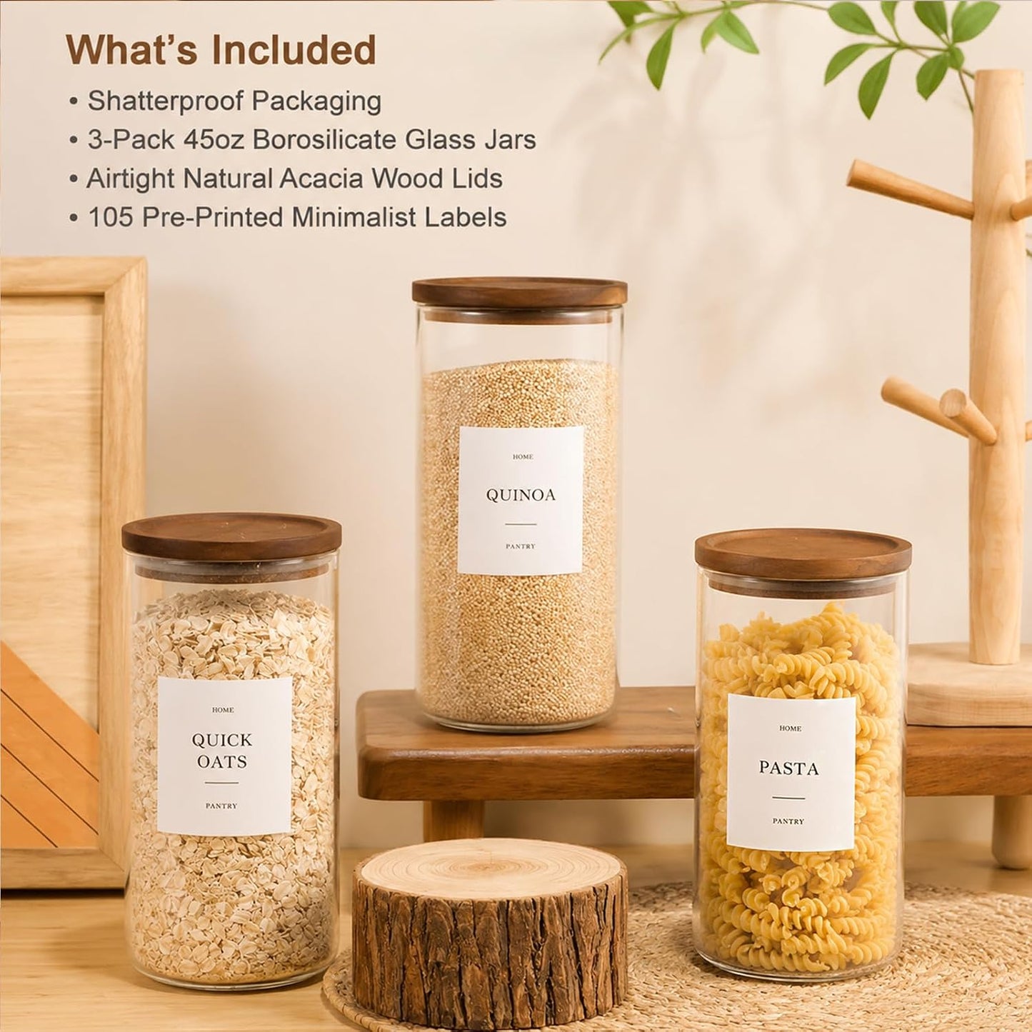 2 Pack Glass Rice Containers with Acacia Wood Lids, 70oz Airtight Flour and Sugar Jars with 105 Labels, Large Glass Pantry Storage Jars for Cereal, Protein Powder, Cookies, Dry Food