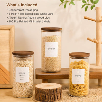 2 Pack Glass Rice Containers with Acacia Wood Lids, 70oz Airtight Flour and Sugar Jars with 105 Labels, Large Glass Pantry Storage Jars for Cereal, Protein Powder, Cookies, Dry Food