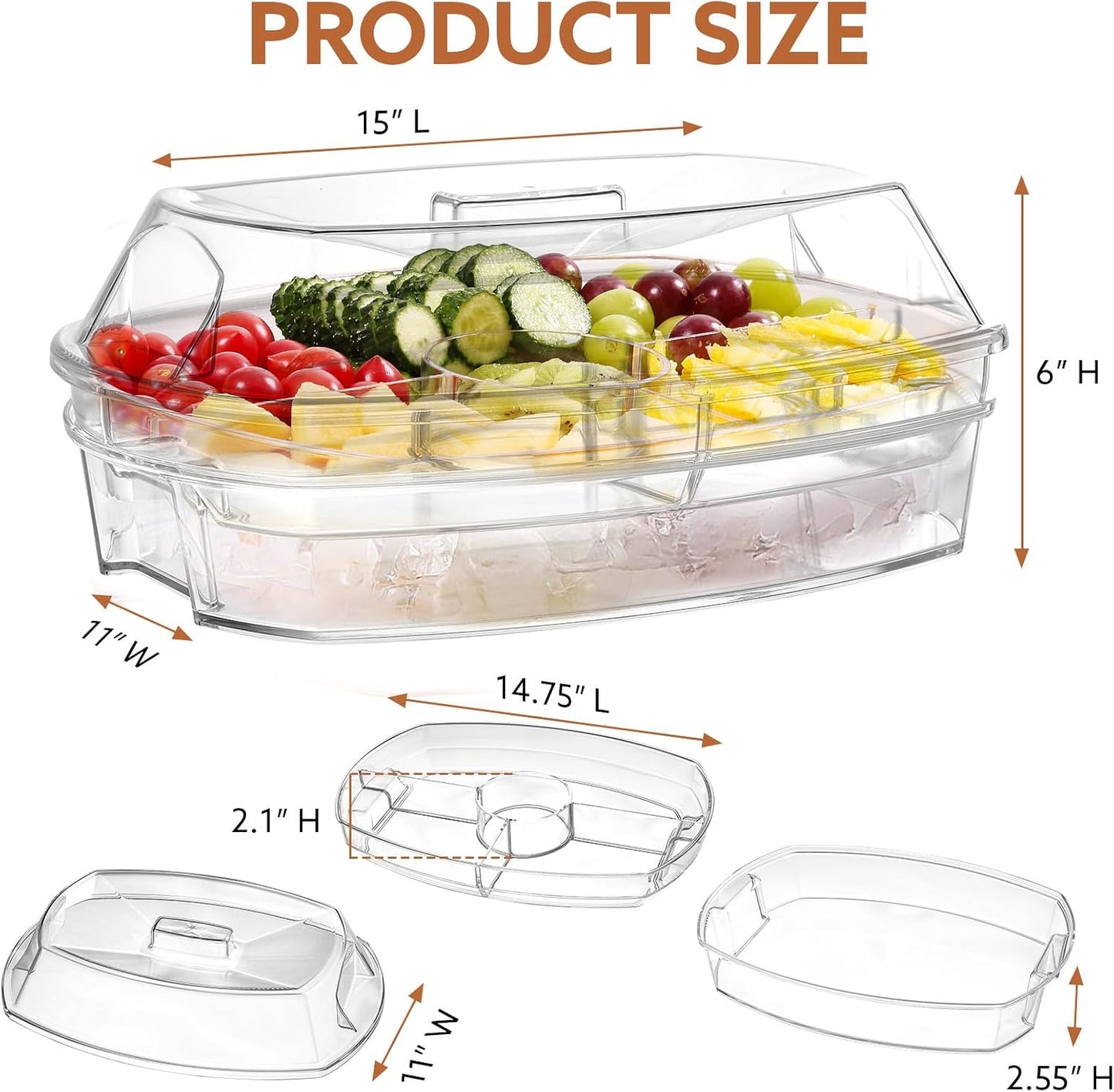 Large Capacity Ice Serving Tray, Fruit Trays for Serving for Party, Chilled Vegetable/Veggie Tray, Shrimp Cocktail Serving Dish- 15 Inch Chilled Party Platter with Lid and 4 Compartments