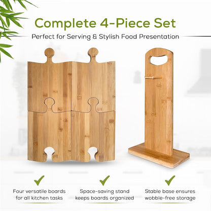 Bamboo Cutting Board Set with Stand – 4 Interlocking Wooden Chopping & Serving Boards for Charcuterie, Cheese Platters, Meal Prep & Entertaining – Eco-Friendly Kitchen Boards