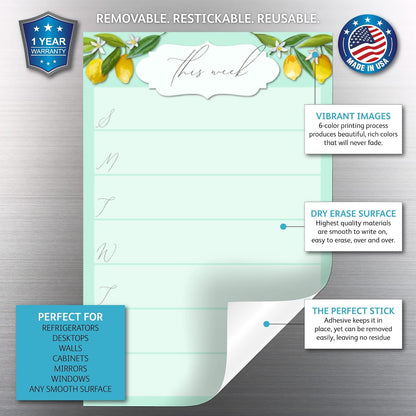 Dry Erase Weekly Calendar Planner Sticker Decal | Removable & Reusable | Magnetic Fine-Tip Marker Included (6 x 9 inches, White)