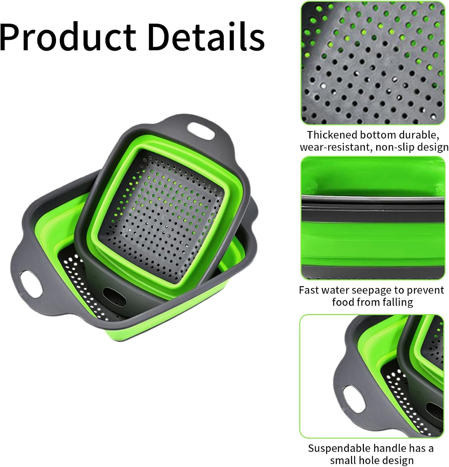 2 PCS Collapsible Colander, Collapsible Strainers for Kitchen, 11.5 inch Silicone Strainer and 9.5 inch Silicone Colander for Draining Vegetable fruit, Kitchen Food Strainer, Blue (Green)