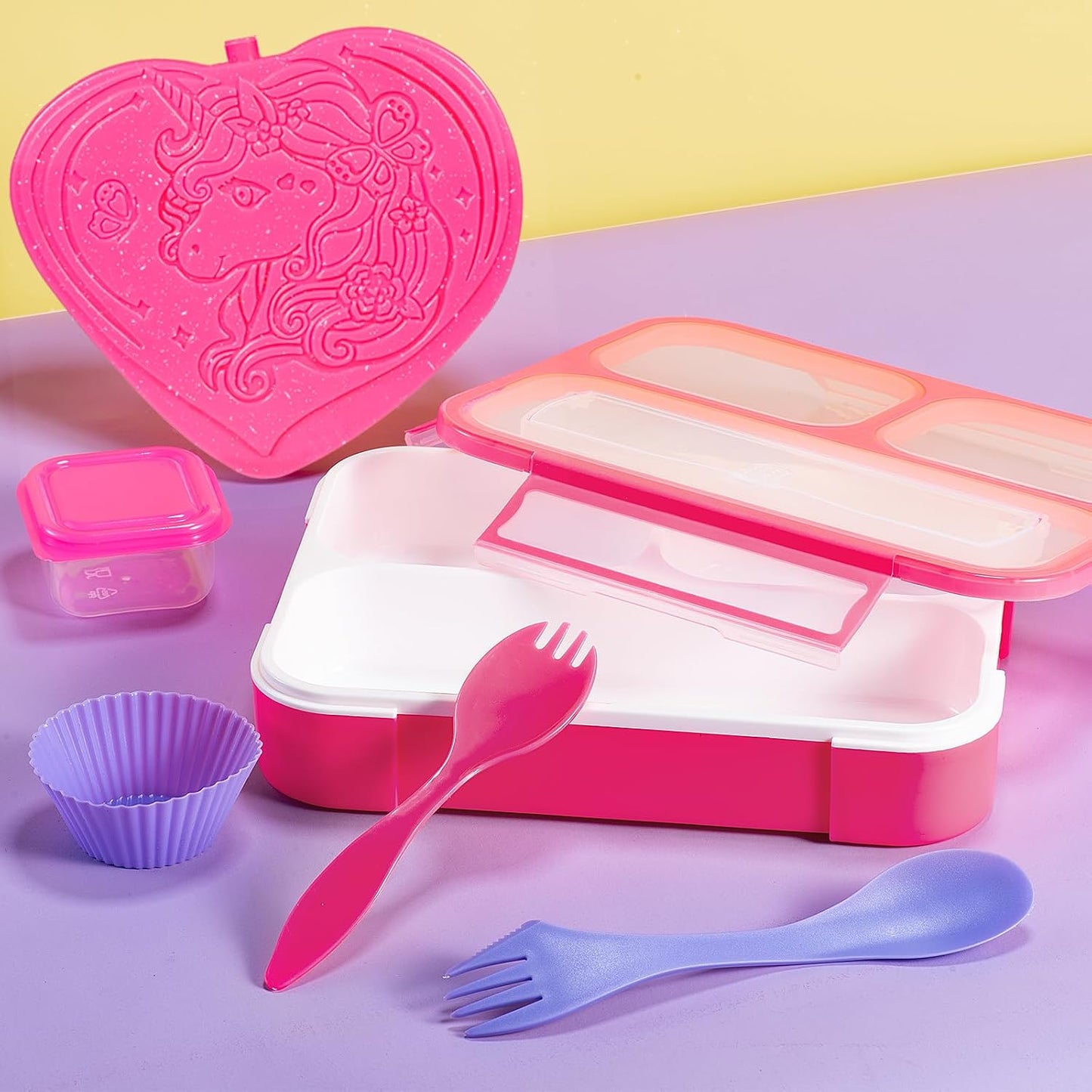 Kids Lunch Box Bag Set: Girls Unicorn Lunch Bags Bento Boxes with 3-Compartment Included Ice Pack Water Bottle Insulated Lunchbag Reusable School Lunchbox Containers Kit for Toddler Daycare Childrens