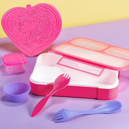 Kids Lunch Box Bag Set: Girls Unicorn Lunch Bags Bento Boxes with 3-Compartment Included Ice Pack Water Bottle Insulated Lunchbag Reusable School Lunchbox Containers Kit for Toddler Daycare Childrens