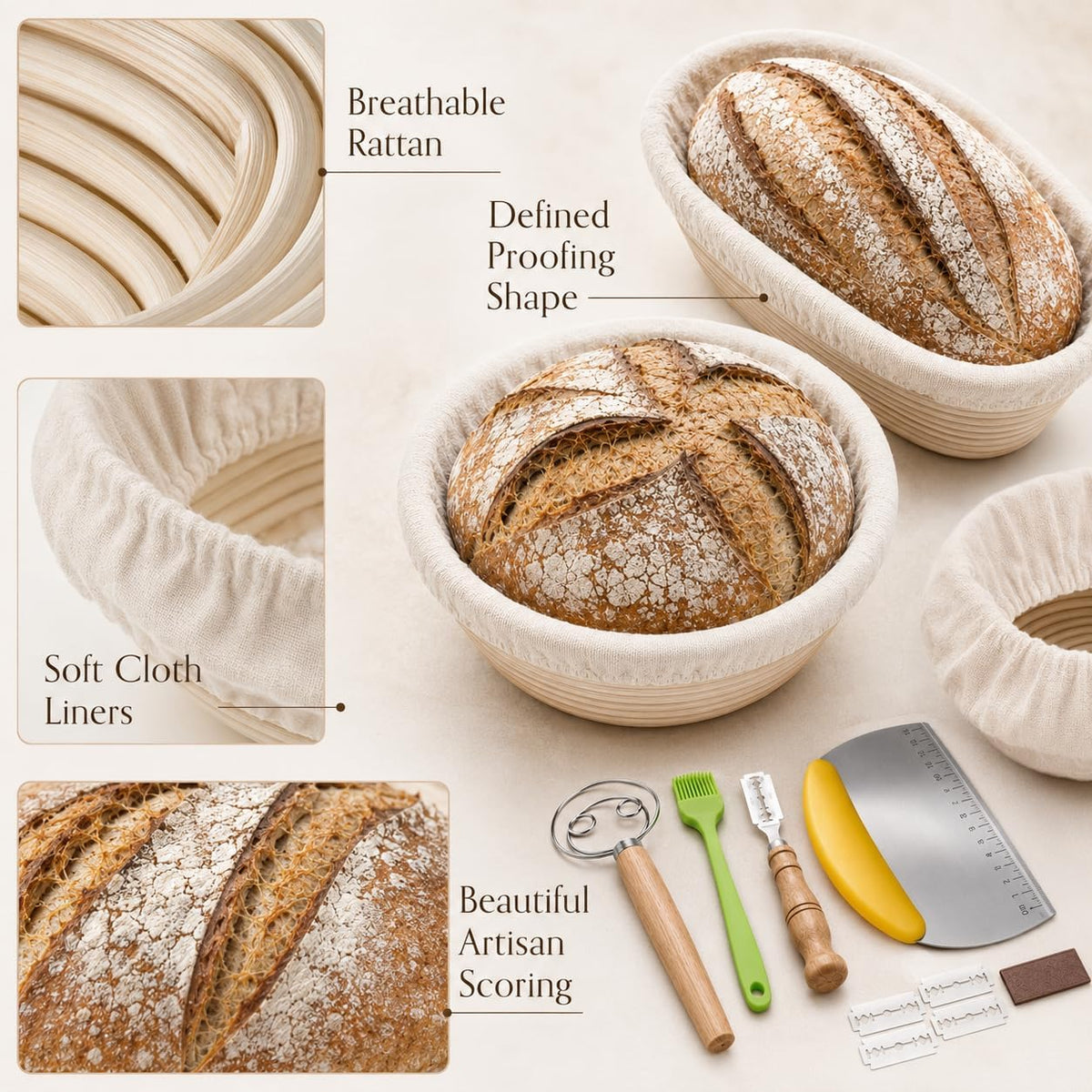 Banneton Bread Proofing Basket Set, 2 Pack 9 Inch Round & Oval