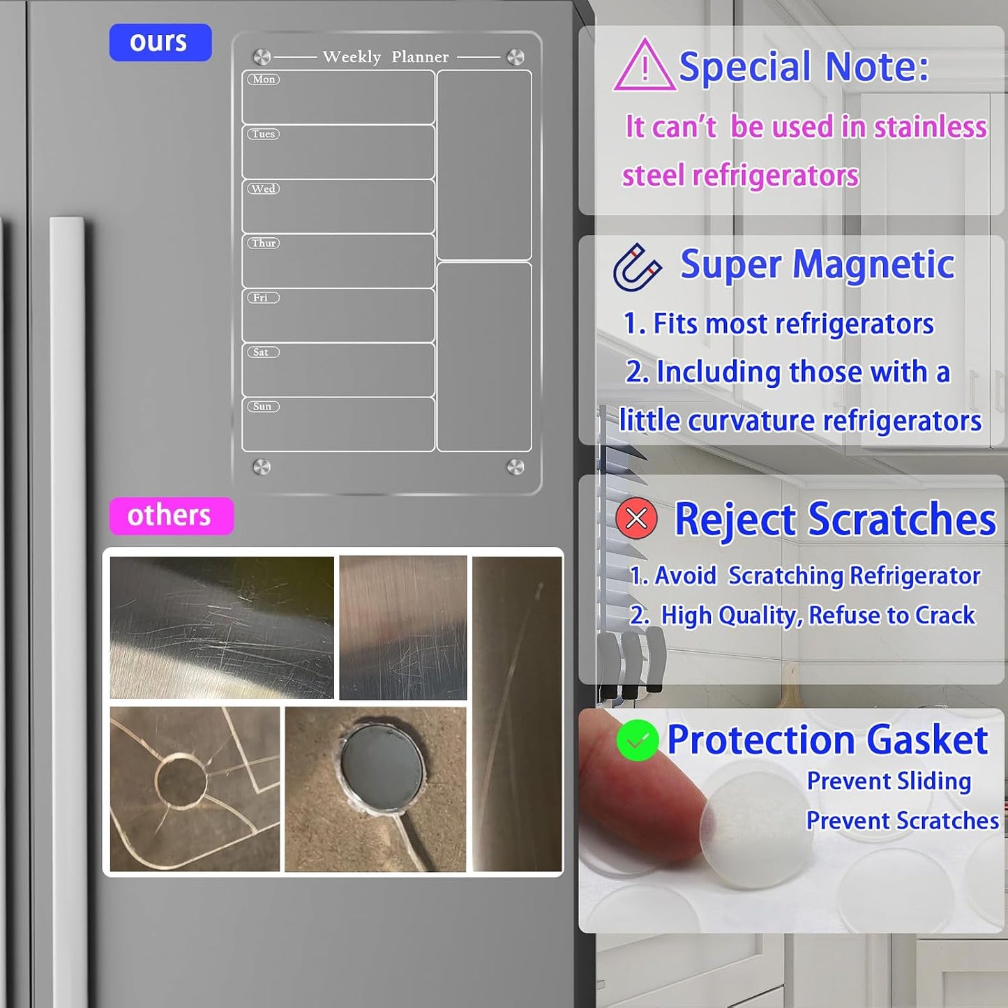 JonXon 8"X12" Acrylic Magnetic Menu Board for Kitchen,Acrylic Weekly Calendar for Fridge,Clear Meal Planner for Refrigerator,Magnet Fridge Menu Planner with 6 Magnetic Erasable Markers