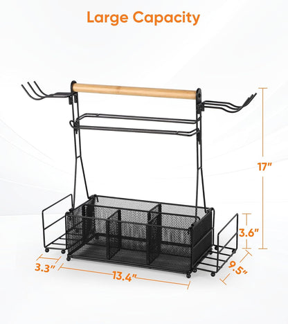 Grill Caddy Barbecue Tool Sets for Outdoor Grill, Picnic BBQ Caddy Picnic Utensil Condiment Organizer, BBQ Accessories Camping Gifts with Paper Towel Holders, Compartments & Hooks