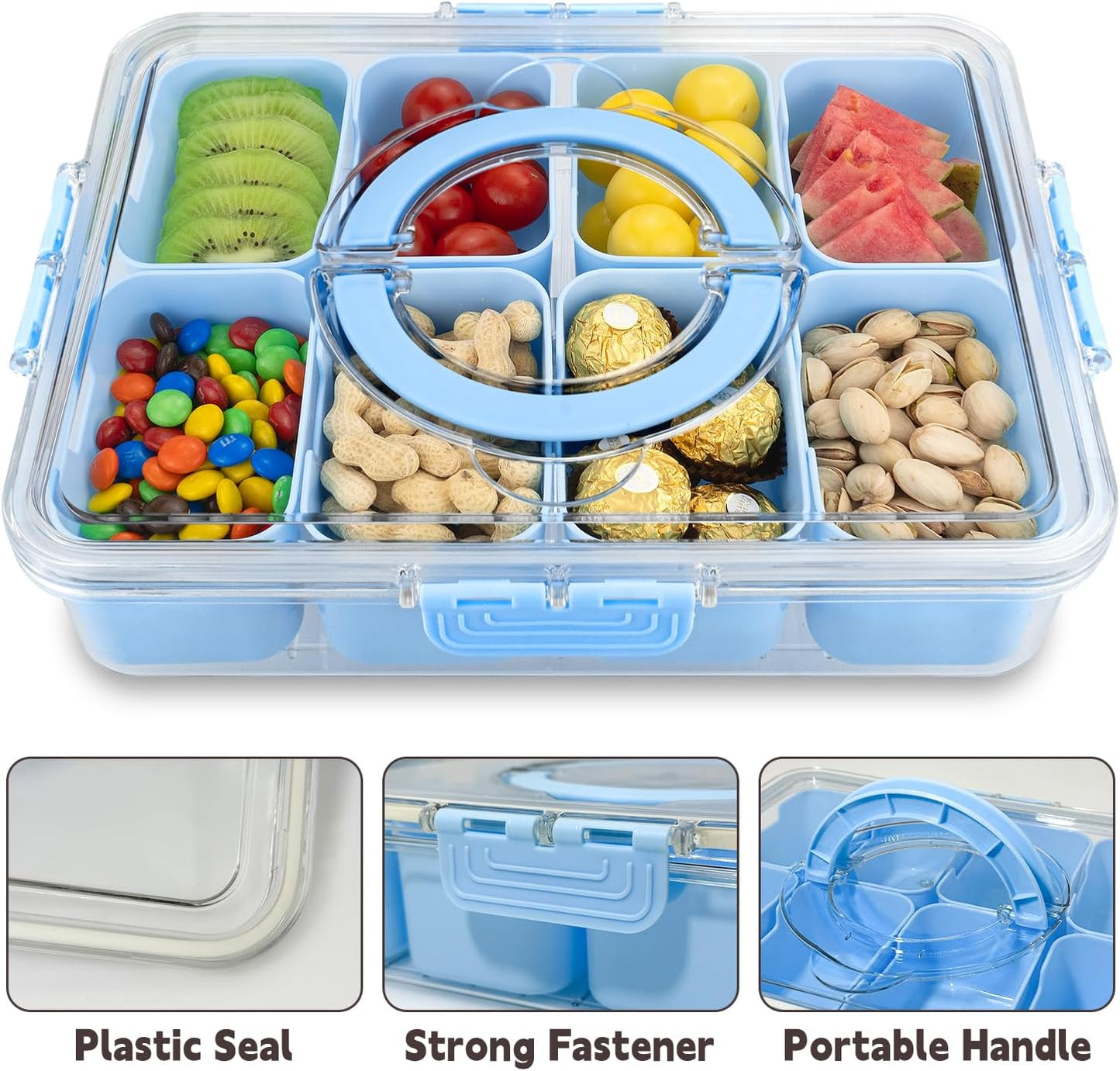Divided Serving Tray with Lid and Handle,8 Compartments Snacks Box,Snack Fruit Tray,Veggie Tray,Portable Platter for Candy Fruits Nuts Snack Party Entertaining Picnic (2PCS Pink)