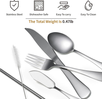 Camping Cutlery Set: Premium Portable Silverware Set with Case for Lunch Box, Travel, and Work Durable, Eco-Friendly, and Compact Utensils Including Fork, Spoon, and Knife for Adults on the Go
