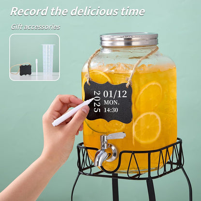1 Gallon Glass Beverage Dispenser with Stand, Stainless Steel Spigot and Lid, Glass Drink Dispensers for Parties, Drink Dispensers with Lids for Lemonade Sun Tea Mason Jar