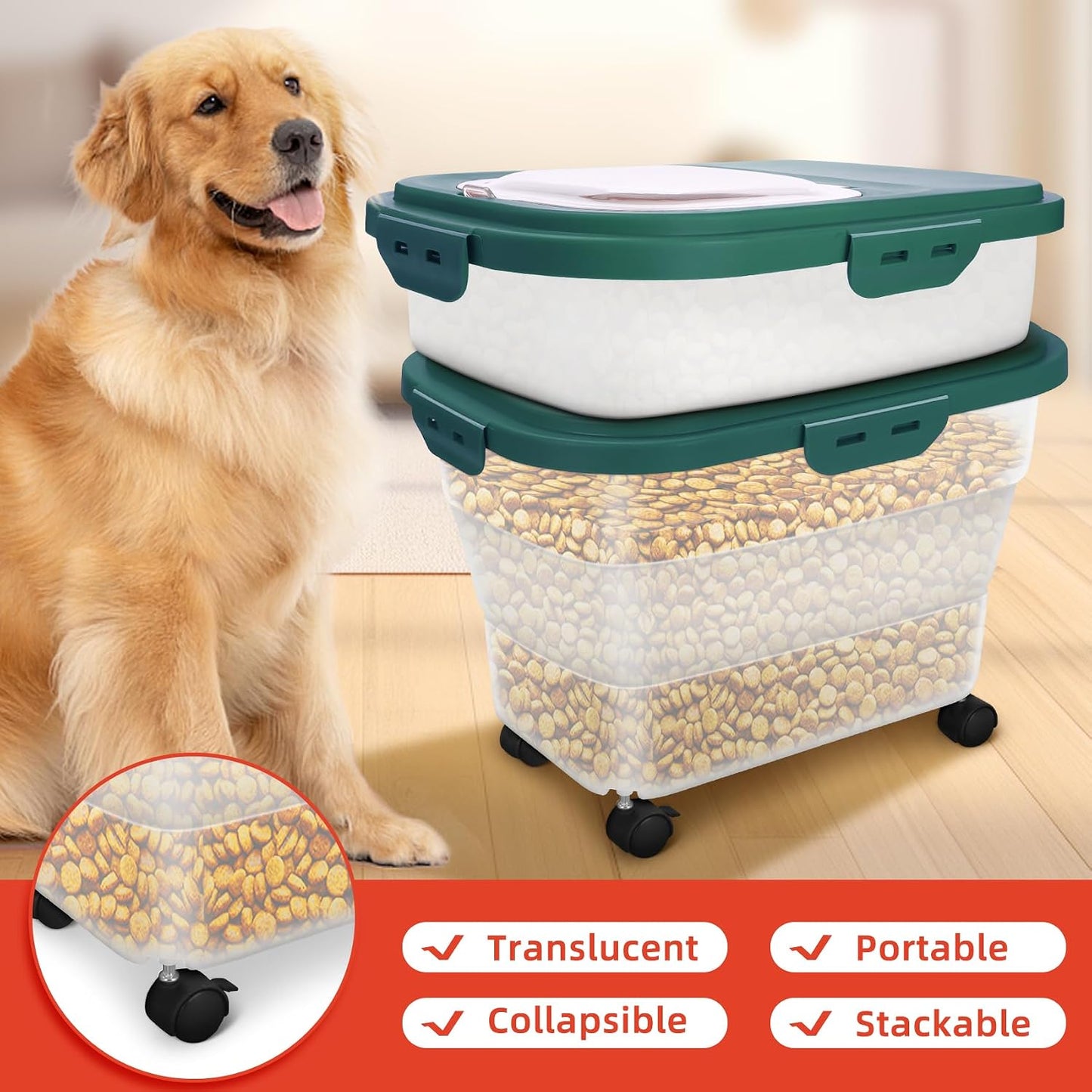 Dog Food Container, Collapsible Pet Food Storage Container 17-20 lb with Rolling Wheels & Airtight Lid, Plastic Storage Bin With Dog Food Scoop and Measuaring Cups