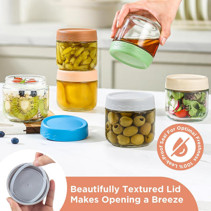 DRKIO 16 Oz Overnight Oats Containers with Lids - 6 Pack Glass Storage Jars with Airtight Lids Wide Mouth Mason Food Jars Great for Meal Prep Salad Chia Pudding Snacks Yogurt Sugar Spice Cereal