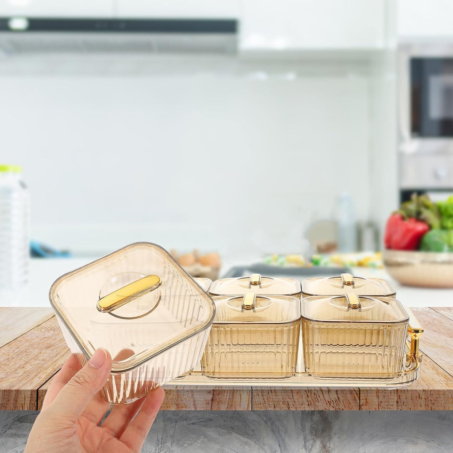GLEAVI Snack Storage Platter with Lid 6-Compartment Clear Appetizer Serving Tray for Nuts Fruits and Snacks Party Snack Bowls Divided Dish for Home Entertaining 12.4 X 7.67 X 2.55 Inches