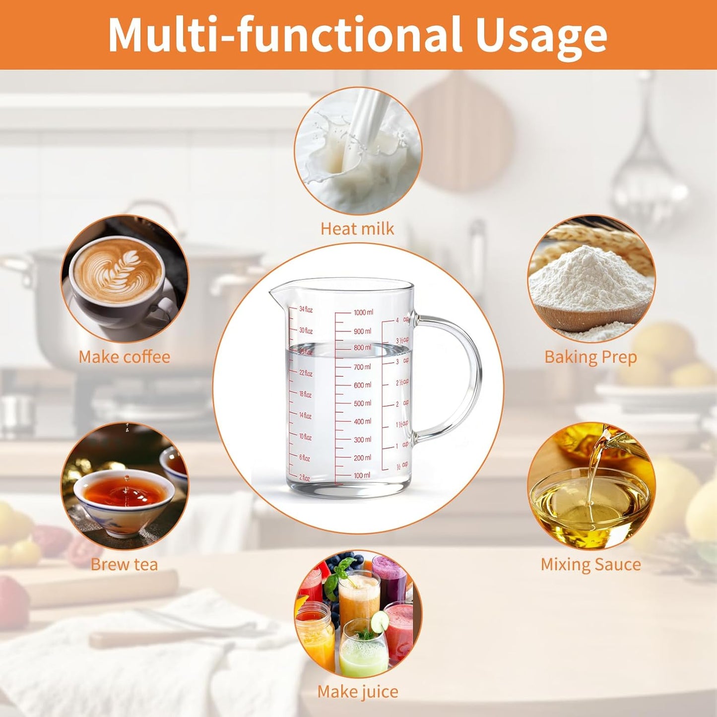 Luvan 34OZ/1000ML Glass Measuring Cup, 4 Cup Glass Measuring Cups With 3 Scales (Ml/Oz/Cup), High Borosilicate Measuring Cup With Handle and V-Shaped Spout, Dishwasher/Freezer/Microwave Safe