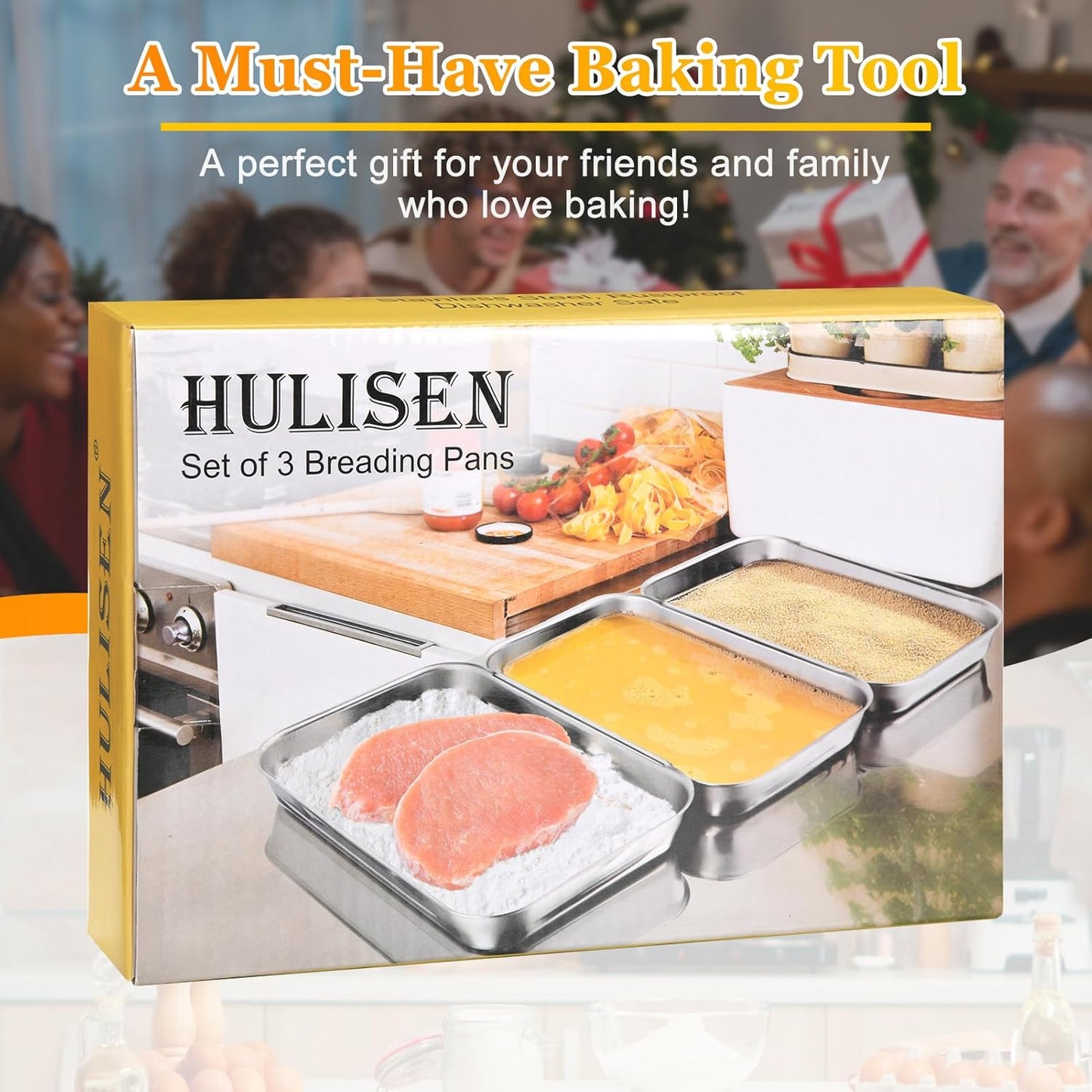 HULISEN Set of 3 Breading Pans, Stainless Steel Breading Set for Marinating Meat, Chicken, Fish, Food Prep Trays, Coating Trays Can Be Used to Baking Cake, Oven Safe