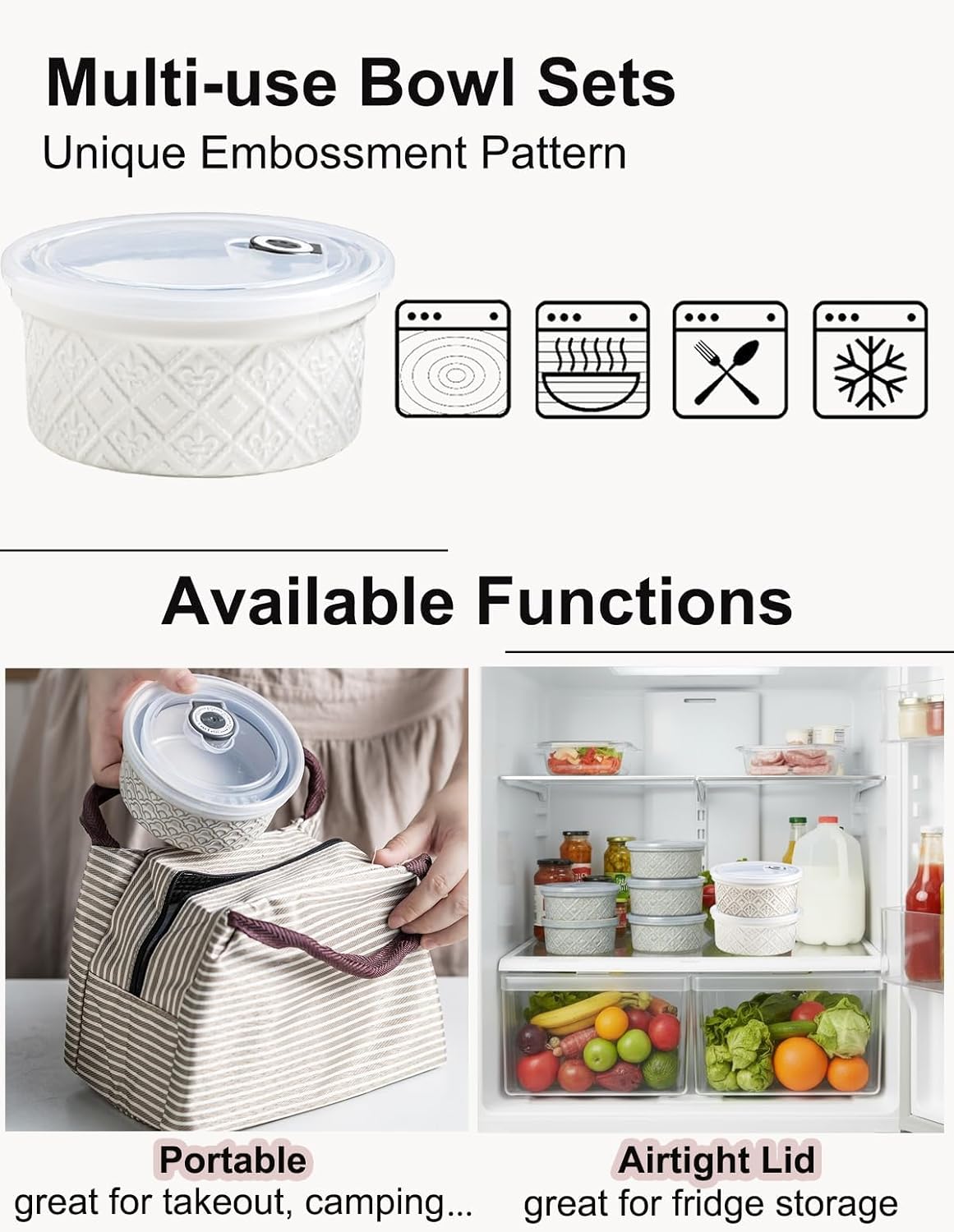 Airtight Food Storage Containers with Lids Mixing Bowls Set, Ceramic Serving Bowls with Lids Set of 4, 12/16/28/40 oz Stackable Nesting Salad Bowls for Cooking, Baking, Ramen - Beige