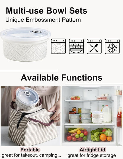 Airtight Food Storage Containers with Lids Mixing Bowls Set, Ceramic Serving Bowls with Lids Set of 4, 12/16/28/40 oz Stackable Nesting Salad Bowls for Cooking, Baking, Ramen - Beige