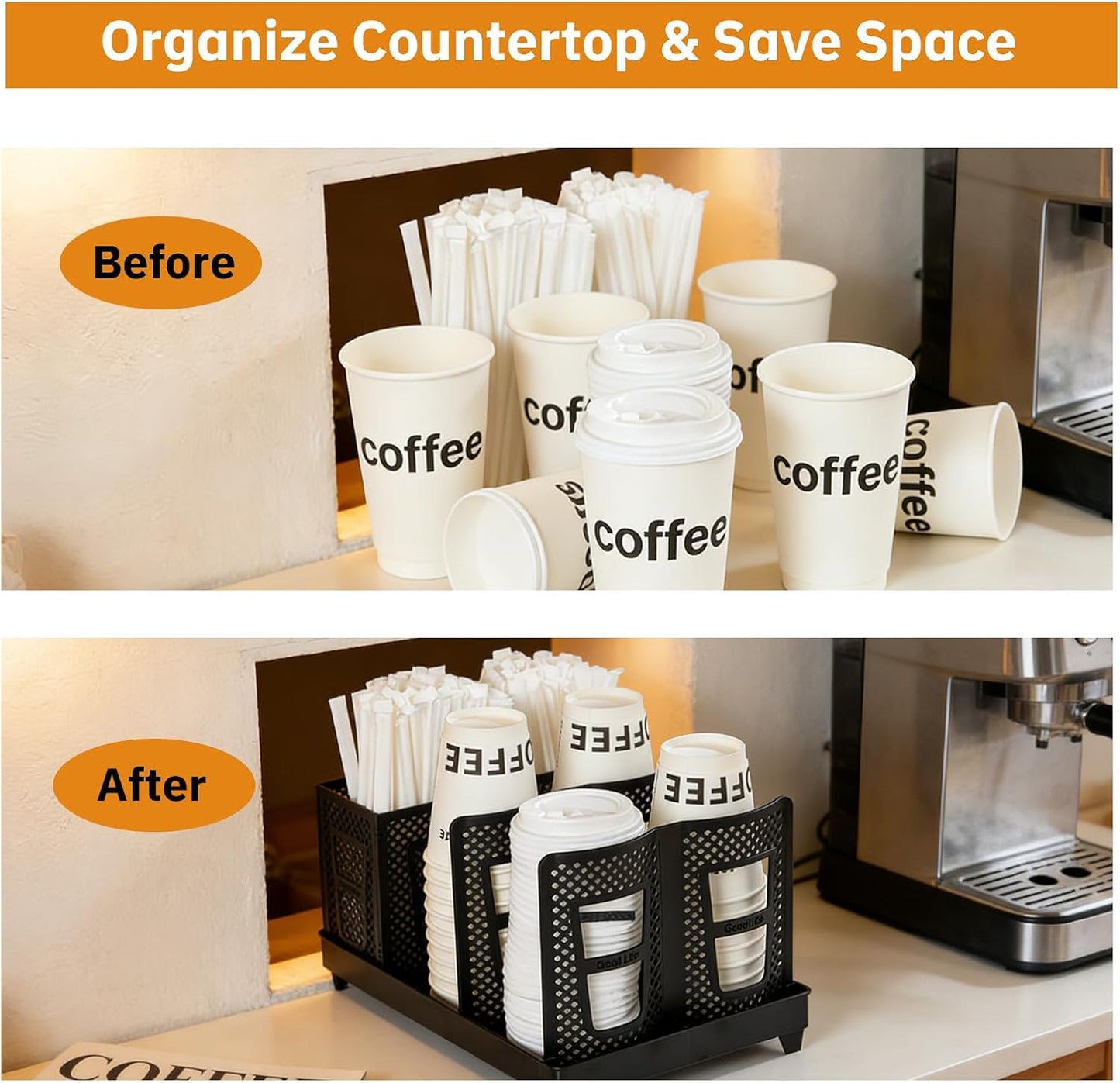 Detachable Paper Cup and Lid Holder, 6 Slots Disposable Cup Dispenser with Straw Organizer, Countertop Organizer for Coffee Station Bar Restaurant Office Breakroom (White)