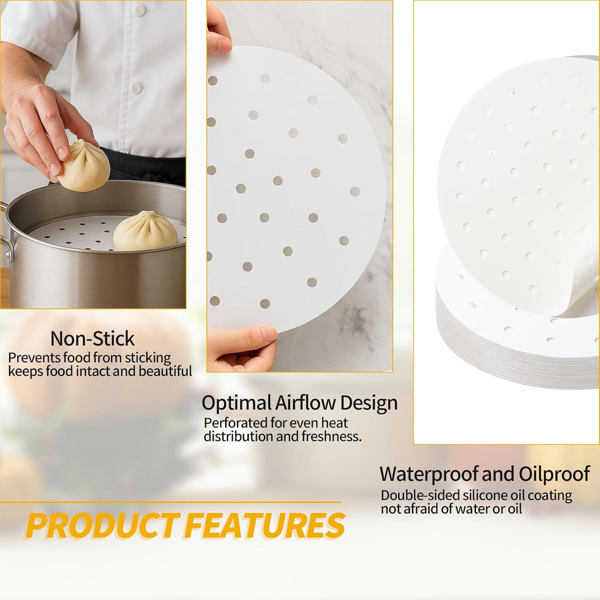 Non-Stick Bamboo Steamer Paper, 10" Round Liners with Holes for Steamer Basket, Air Fryer, Bamboo Steamers, and Oven Use
