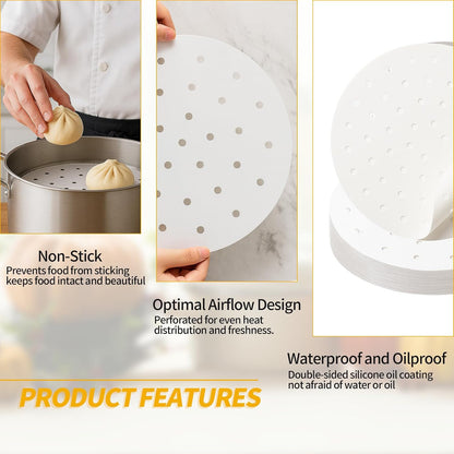 Non-Stick Bamboo Steamer Paper, 10" Round Liners with Holes for Steamer Basket, Air Fryer, Bamboo Steamers, and Oven Use