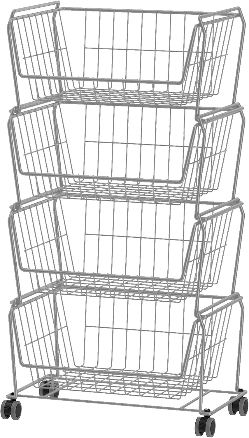 PUSDON 4-Tier Spacious Stackable Wire Storage Baskets with Wheels, Metal Rolling Utility Cart Organizer, Fruit and Vegetable Produce Basket for Kitchen Pantry, Everyday Bathroom Shelf, Silver Grey