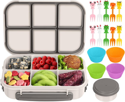 Amathley Lunch Box Kids Girls Boys,Bento Box Adult,Toddler Lunch Containers for School,Leakproof Snack Containers with 6 Compartments,Sauce Container,10 Food Picks and 4 Muffin Cups (Green)