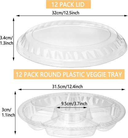 12 Pack Round Plastic Veggie Tray with Lid Fruit Tray 6 Divided Compartment Container Food Serving Dip Platter Reusable Catering Trays for Veggie Fruit Snack Party and Buffet Trays（Clear，10inch）