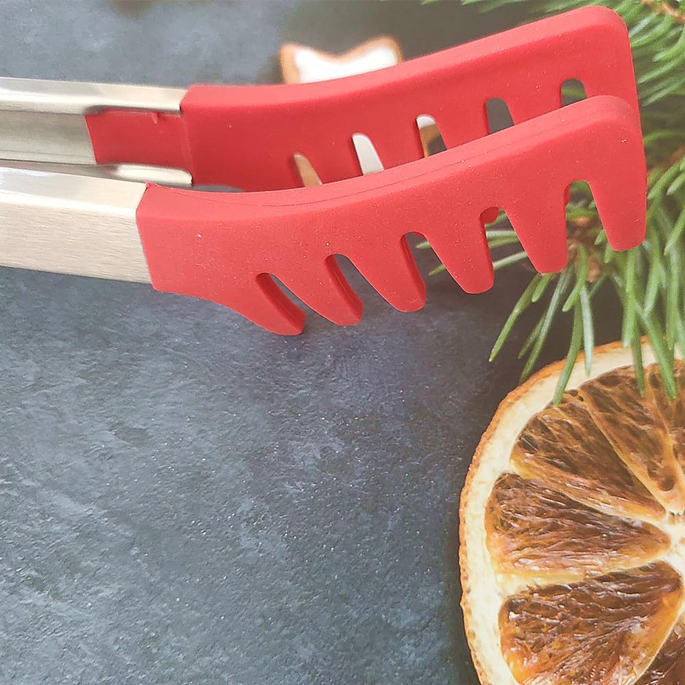 Large 16" Red Stainless Steel Pasta Tong with Silicone Tips, 16 inch Spaghetti Tongs Pasta Server Utensil for Noodles Cooking Baking Food BBQ Kitchen Tools
