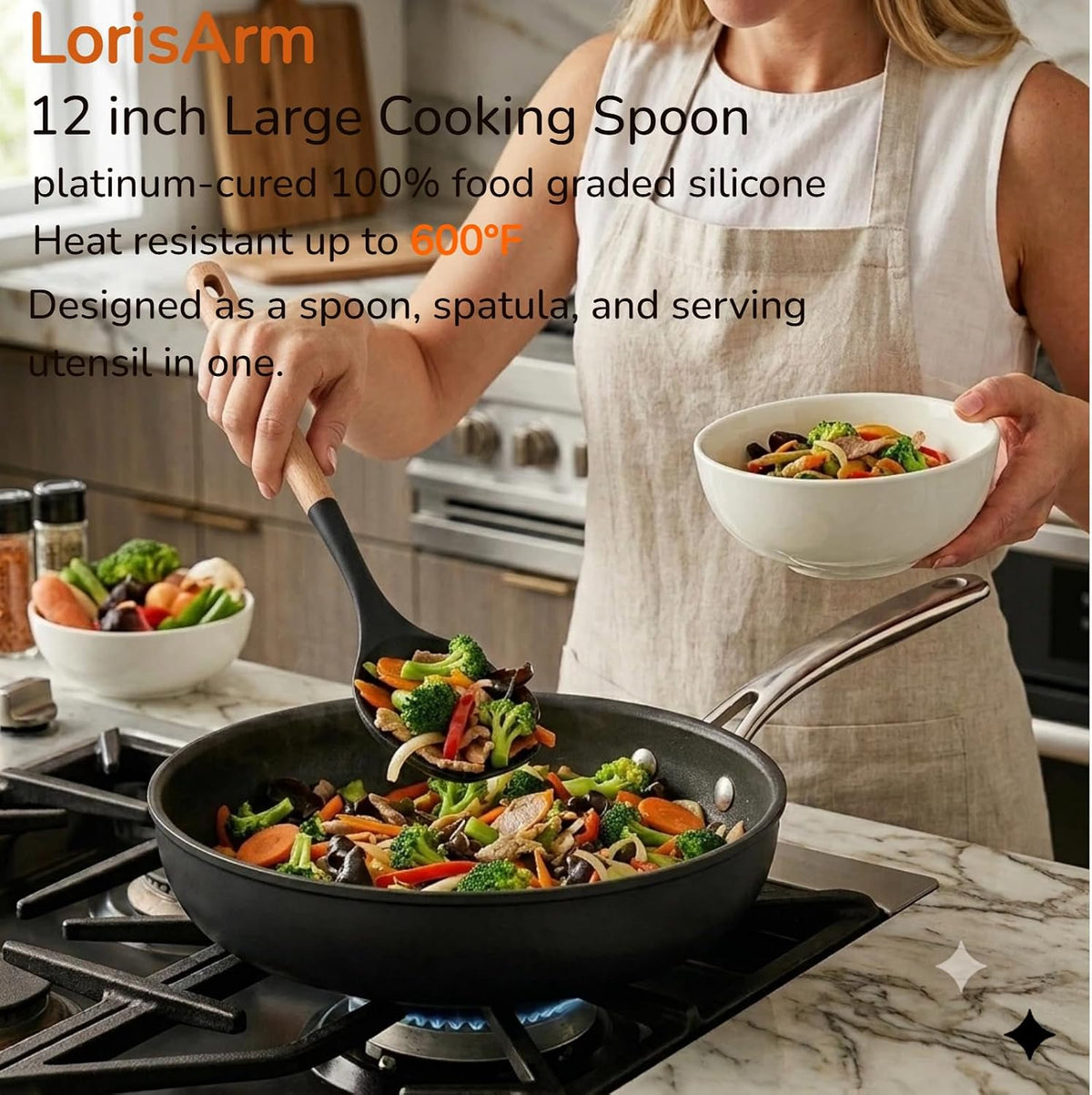 LorisArm Large Cooking Spoons. 12.5" Heat Resistant Silicone Serving Spoon, Nonstick Kitchen Utensils Wooden Handle Rubber Spoon for Mixing, Stiring,Baking,Scooping and Scraping.