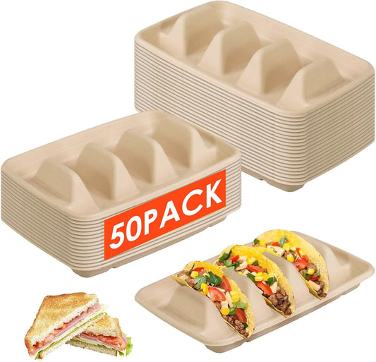 50 Pcs Disposable Taco Holder for Party, 3 Compartments Paper Taco Tray Holder, Disposable Taco Plates with Dividers Taco Stand for Taco Tuesday Lazy Susan Taco Bar