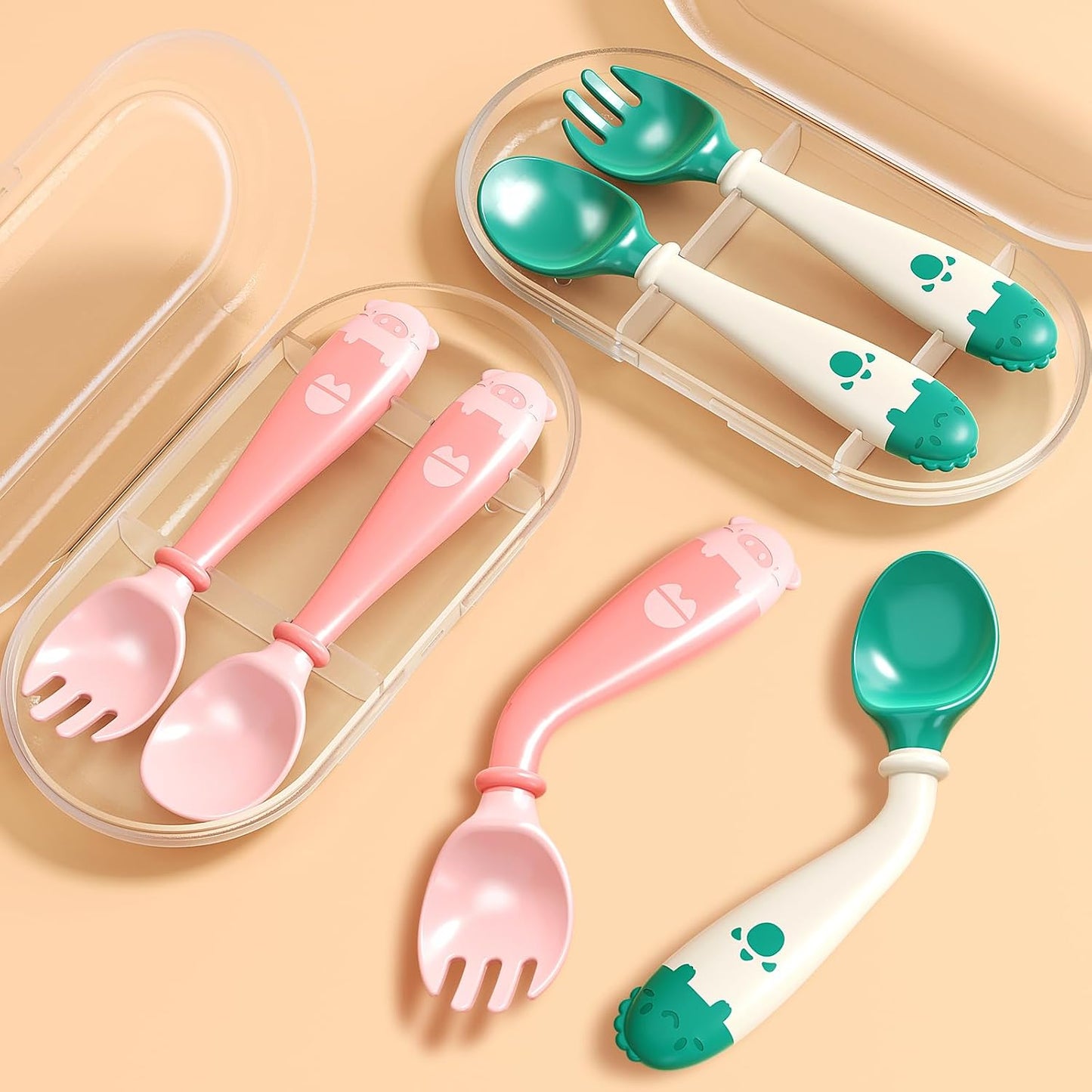 Deejoy Toddler Utensils - Stainless Steel Spoons and Forks, Kids Silverware Self Feeding Flatware Set with Travel Safe Case (Green)