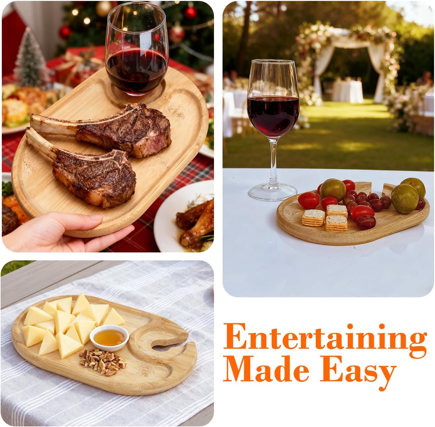 4 PCS Wine Appetizer Plates，Individual Mini Charcuterie Boards，Wine Glass Topper Appetizer Plates，Cocktail Plate with Glass Holder，Cheese Board with Wine Holder