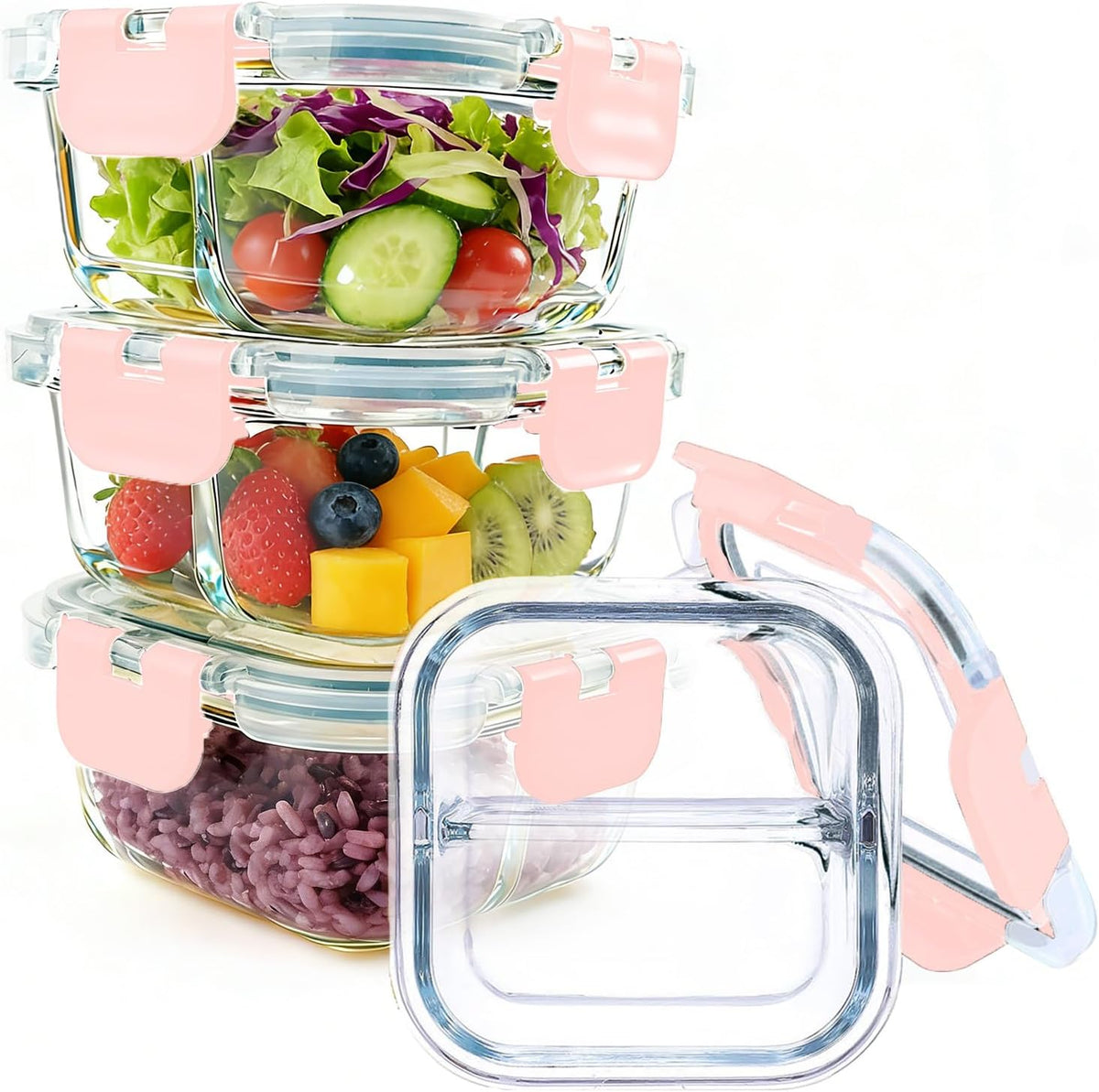 Bariatric Meal Prep Containers 3 Pack, 8 oz Portion Control Containers for Bariatric Meals with Two 4 oz Compartments, Reusable Glass Snack Food Containers with Lids (Pink)