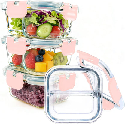 Bariatric Meal Prep Containers 3 Pack, 8 oz Portion Control Containers for Bariatric Meals with Two 4 oz Compartments, Reusable Glass Snack Food Containers with Lids (Pink)