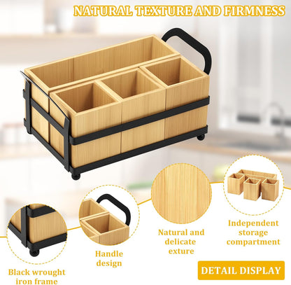 4 Compartment Silverware Caddy - Wood Silverware Holder with Double Handle, Bamboo Removable Slot Utensil Caddy, Rustic Farmhouse Flatware Holder for Paper Plates, Spoons, Forks, Napkins, Cutlery