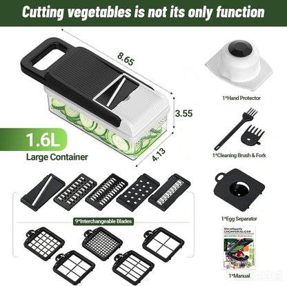 12-in-1 Vegetable Chopper 7 Blades, Veggie Cutter with Handle, Black/White